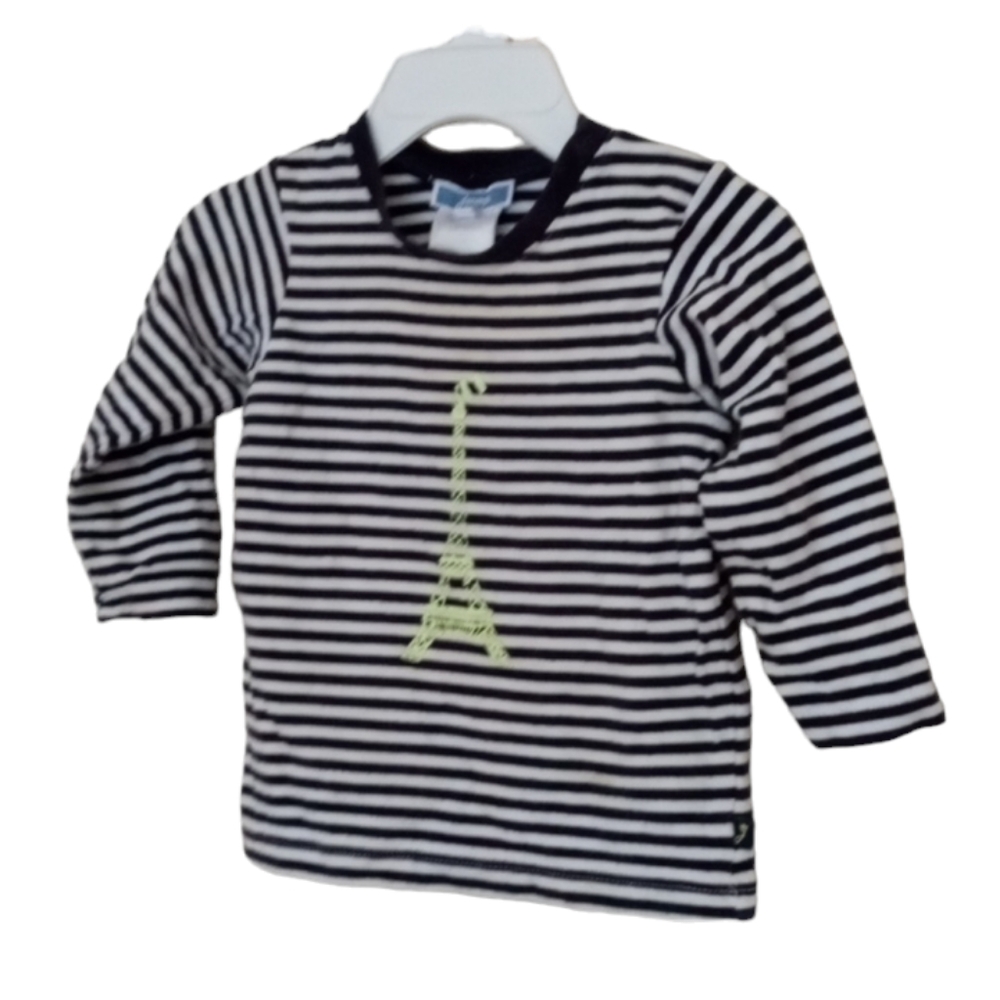 Jacadi Navy and White Striped Long Sleeve Tee with Yellow Eiffel Tower
